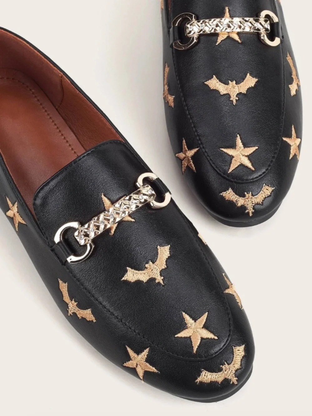 Bat Star Embroidered Loafers Black Horsebit Flat Slip On Shoes Smooth Leather